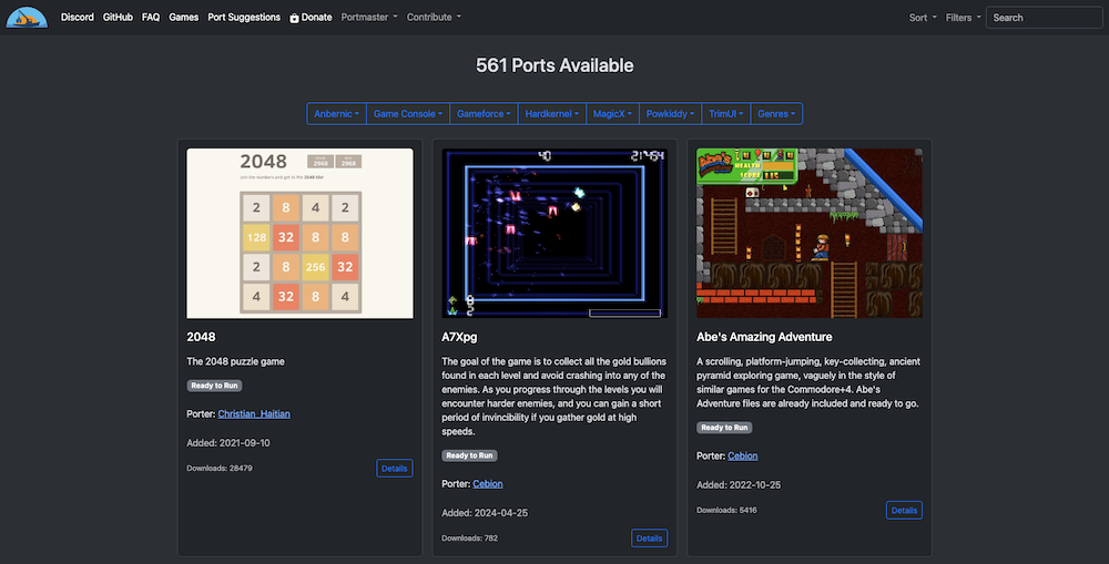 PortMaster GUI menu with categories and filters